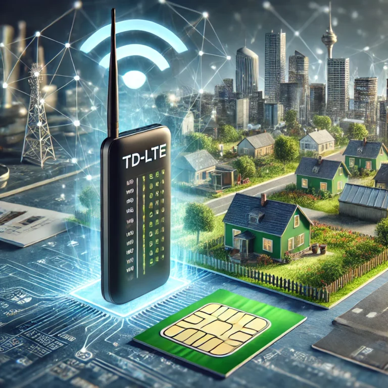 DALL·E 2024-12-19 09.36.31 – A hyper-realistic depiction of TD-LTE technology in use. Show a sleek, modern wireless modem on a table, with a visible SIM card placed nearby. In the