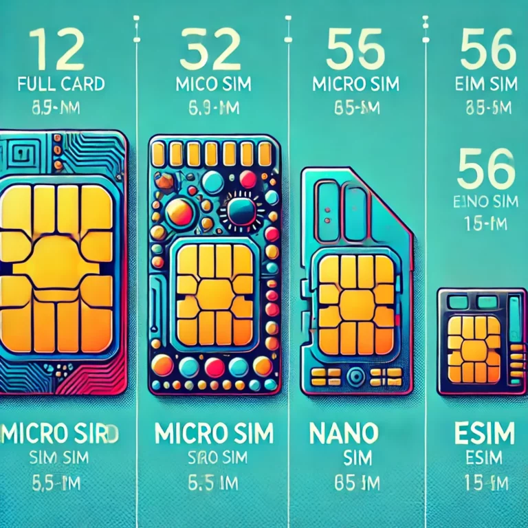 DALL·E 2024-12-19 10.31.44 – A visually engaging and vibrant comparison chart of SIM card sizes. Depict a large Full-size SIM card on the left, followed by progressively smaller c