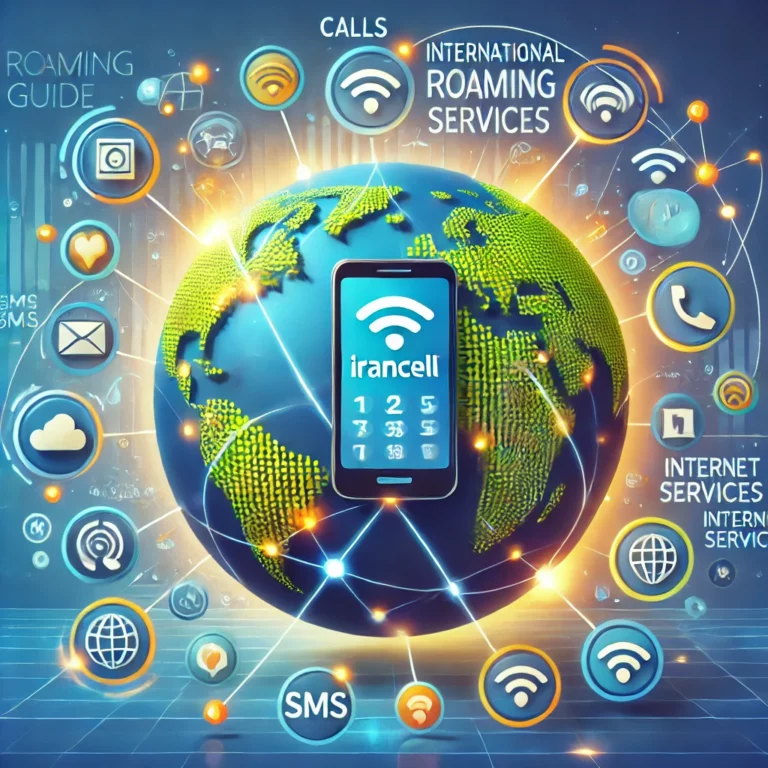 DALL·E 2024-12-21 15.49.23 – An illustration showcasing the concept of international roaming services by Irancell. The image features a globe with highlighted countries connected