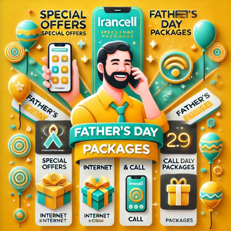 DALL·E 2025-01-11 12.20.04 – A promotional graphic showcasing Irancell’s past Father’s Day offers. The design features icons of a smartphone, gift boxes, and a cheerful father hol